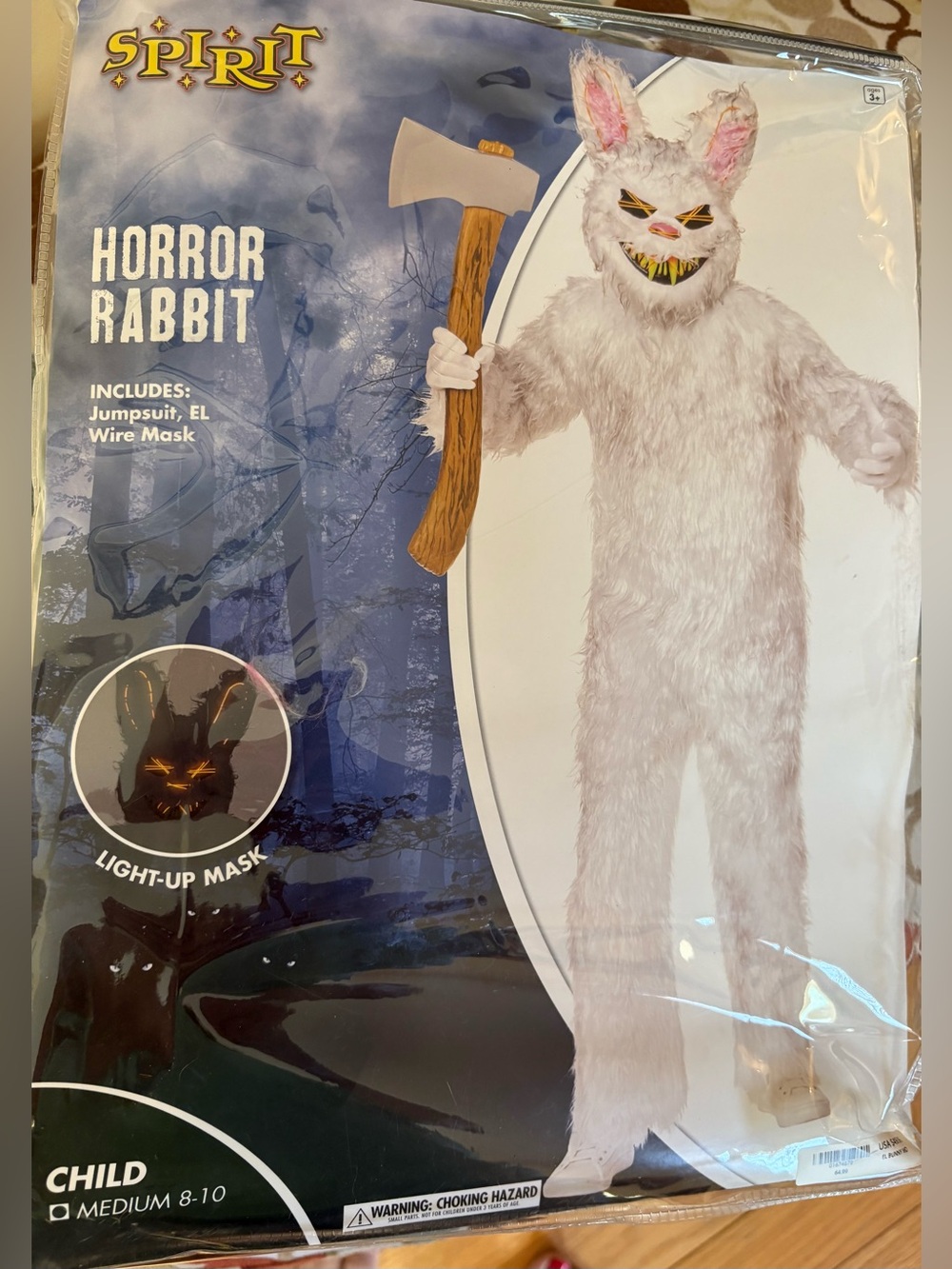 Spirit Creepy White Horror Rabbit Costume Sharp Teeth Scary Mask Kids M(8-10)*
